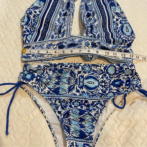Blue Patterned Bikini Set Tie Top and Bottom Medium Aztec Beach Pool Summer - Picture 6 of 8